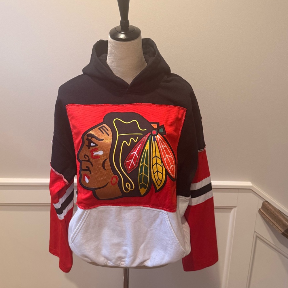 Upcycled Blackhawks Womens hoodie made w/auth jersey- worn once- says L fits M